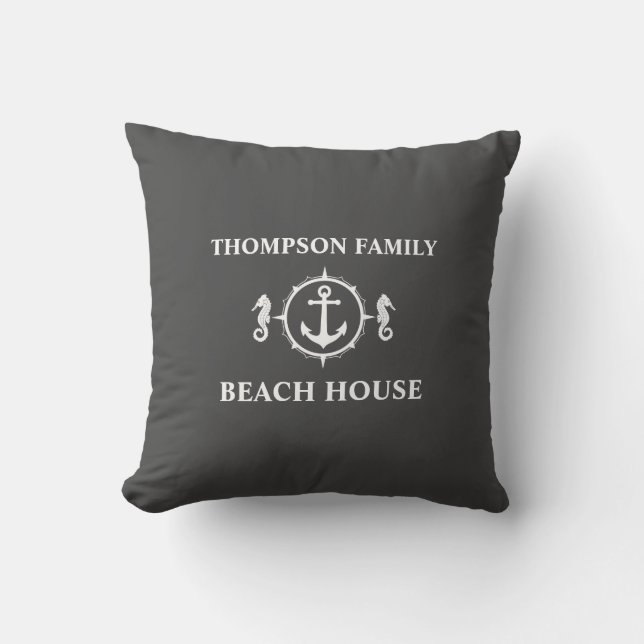 Family Beach House Seepferd Nautical Anchor Grau Kissen (Vorderseite)