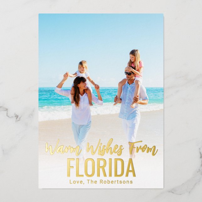 Family Beach Photo Carte de Noël Gold Foil State (Recto)