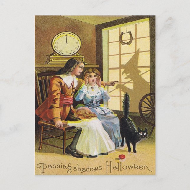 Family Black Cat Witch Shadow Horseshoe Postkarte (Vorderseite)