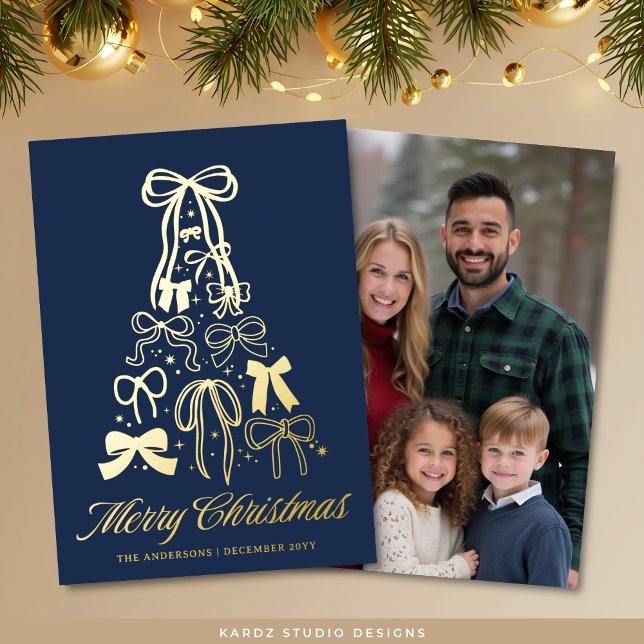 Family Bows Tree Blue Christmas Gold Carte (Front and back, real gold foil card shown in 5 x 7 inches.)