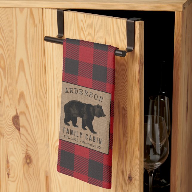 Family Cabin Bear Red Buffalo Kariert Burlap Geschirrtuch (Drittel gefaltet)