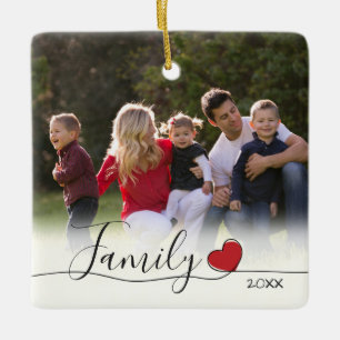 Family Calligraphy Red Heart Foto Weihnachten Keramikornament
