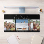 Family Calligraphy Script 3 Fotos Schwarz Schreibtischunterlage<br><div class="desc">Ein einfaches Design,  um Ihre Fotos auf dieser Tischmatte zu präsentieren. Das Design bietet drei Fotos mit Handschrift Akzent,  die lautet: Unsere Familie. Personalisiert mit Ihrem Familiennamen und ihrem Jahr. Die Hintergrundfarbe kann geändert werden.</div>