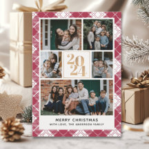 Family Christmas card with 5 Photos Tartan Plaid