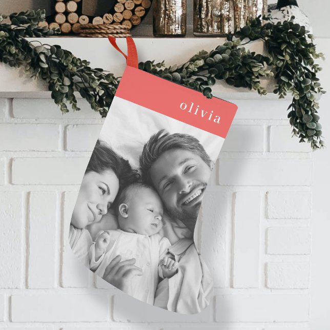 Family Christmas Modern Stylish Orange Red Foto Kleiner Weihnachtsstrumpf (Modern family photo Christmas stocking by Guava, featuring coral orange red colour & white font)