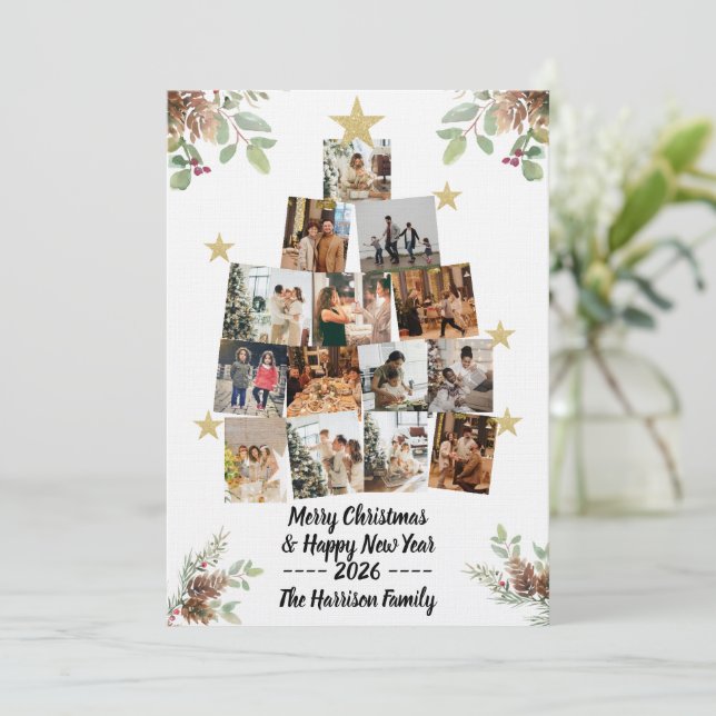 Family Christmas Tree Photo Card Collage Einladung (Stehend Vorderseite)