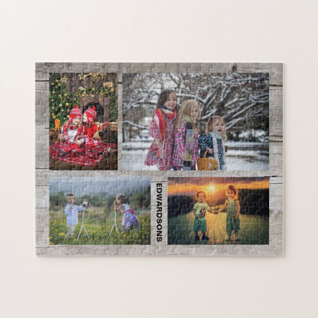 Family collage 4 photos on barn wood monogram name (Horizontal)