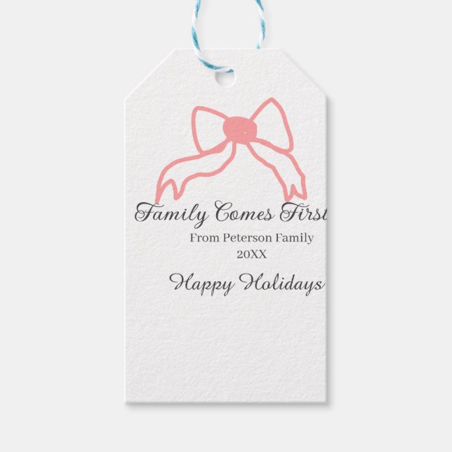 Family comes first red bow family name holidays geschenkanhänger (Vorderseite)