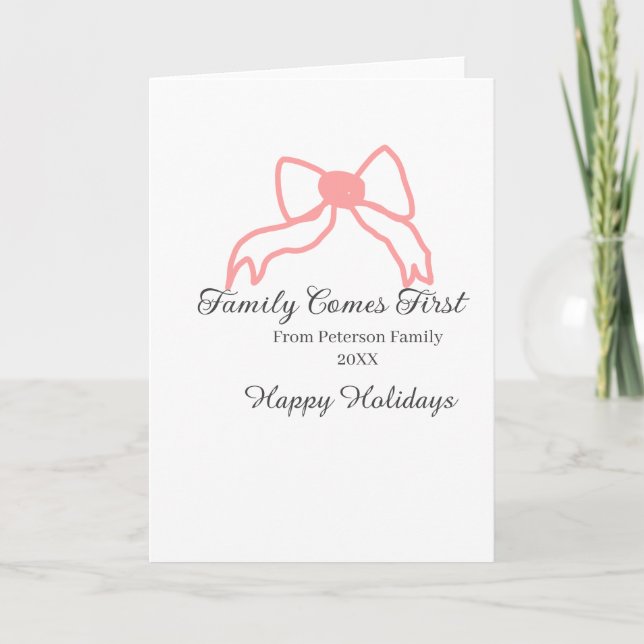 Family comes first red bow family name holidays karte (Vorderseite)