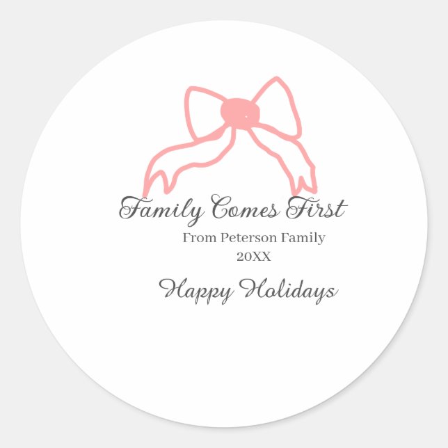 Family comes first red bow family name holidays runder aufkleber (Vorderseite)