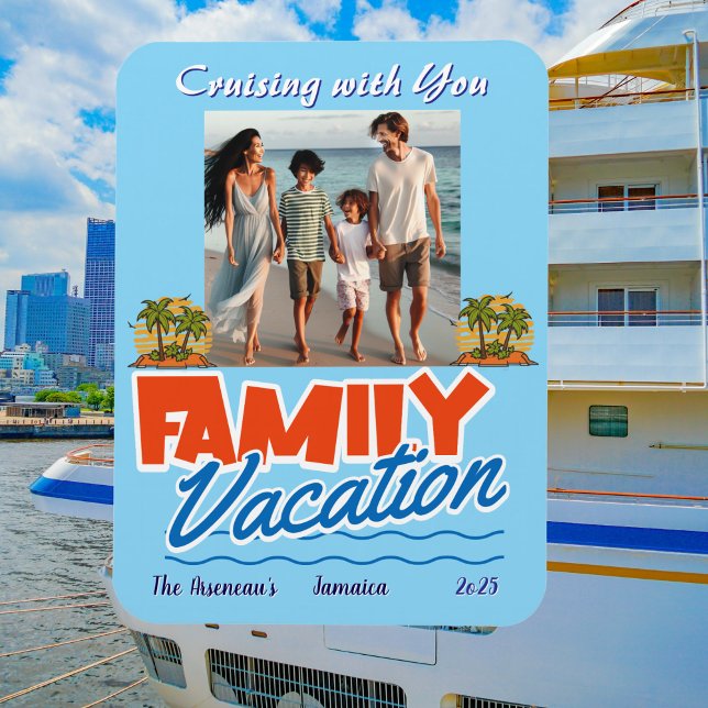 Family Cruise Blue Tropical Personalize Magnet (Add current Year  and text to make this your own cabin door maker.)