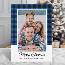 Family Foto Blue Buffalo Kariert Frohe Weihnachten Karte