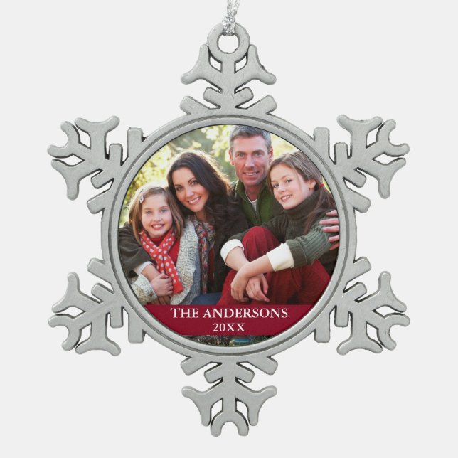 Family Foto Burgundy Schneeflocken Zinn-Ornament (Vorderseite)