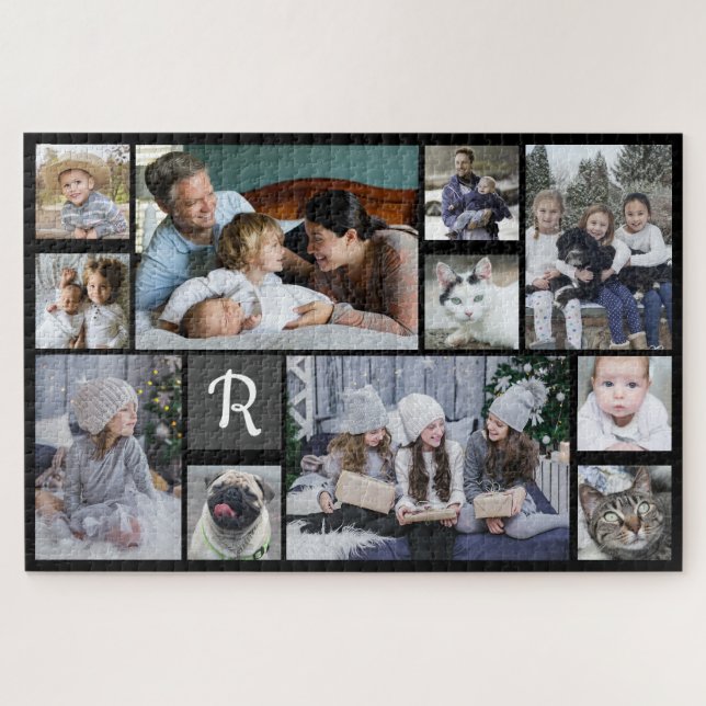 Family Foto Collage Monogrammed Black 11 Pictures (Horizontal)
