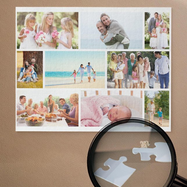 Family Foto Collage White Masonry Grid Custom (White jigsaw puzzle with 9 pictures in masonry grid photo collage by Darling & May)