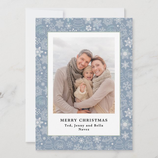 Family Foto Dusty Blue Pattern Weihnachtskarte (Vorderseite)