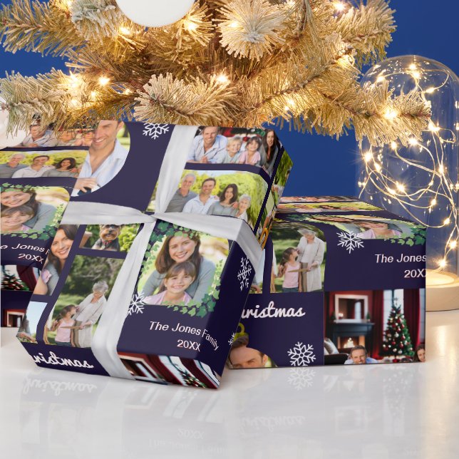 Family Foto Gallery Dark Blue Custom Christmas Geschenkpapier (Feiertage)