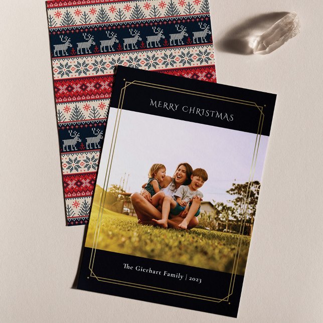 Family Foto Geometric Christmas Feiertagskarte (Christmas Family Photo Chic Nordic Greetings Card)