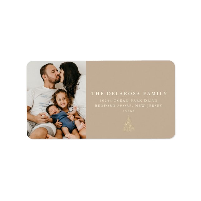 Family Foto Gold Weihnachtsbaum Kraft Label Adressaufkleber (Vorne)