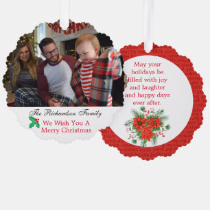 Family Foto Individuelle Name Weihnachten Rot & Gr Ornament Karte