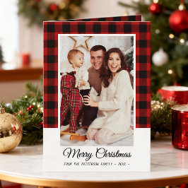 Family Foto Red Buffalo Kariert Frohe Weihnachten Karte
