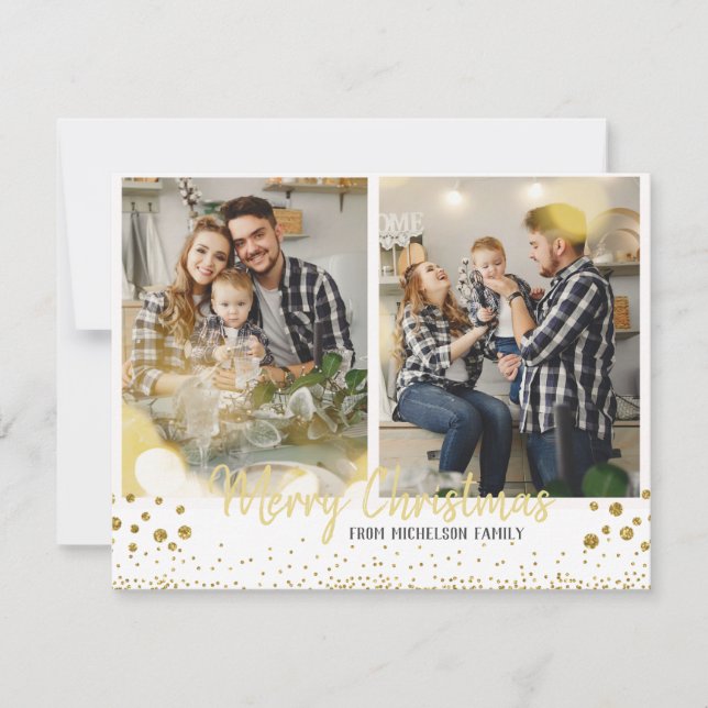 Family Foto Weihnachtskarte Gold Confetti Karte (Vorderseite)