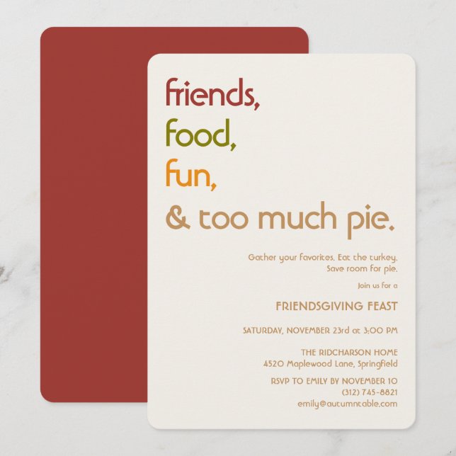 Family, Friends, Turkey, Pie Modern friendsgiving Einladung (Vorne/Hinten)