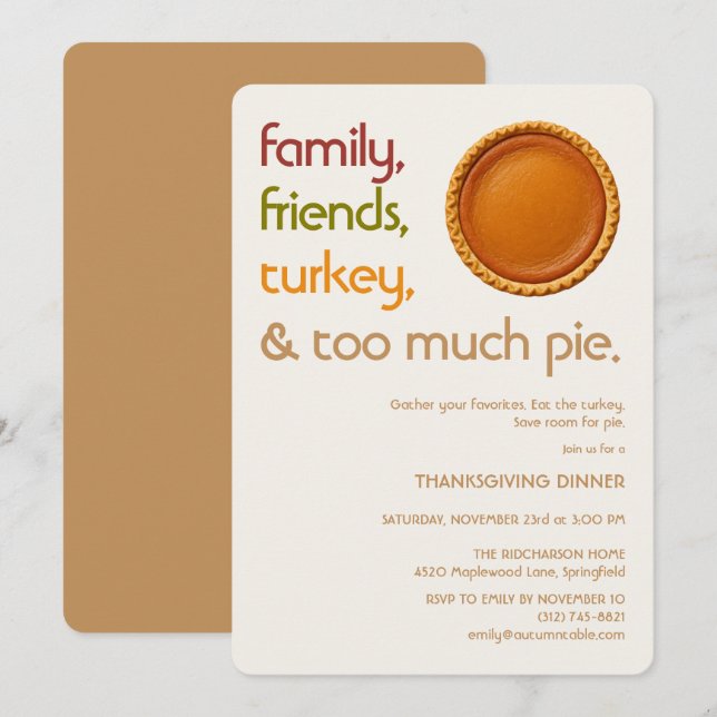 Family, Friends, Turkey, Pie Modern Thanksgiving Einladung (Vorne/Hinten)