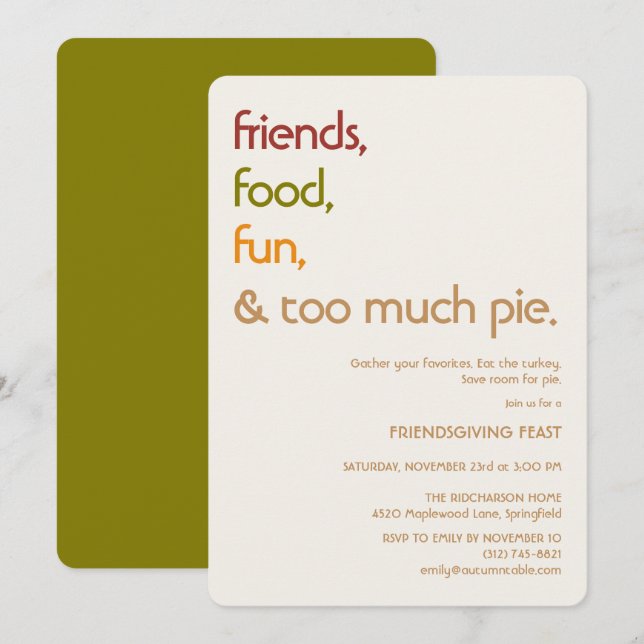 Family, Friends, Turkey, Pie Modern Thanksgiving Einladung (Vorne/Hinten)