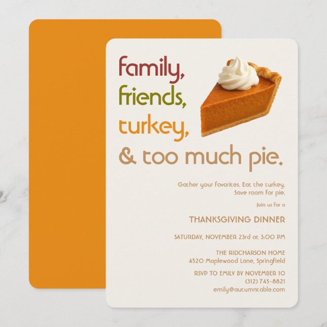 Family, Friends, Turkey, Pie Modern Thanksgiving Einladung (Vorne/Hinten)