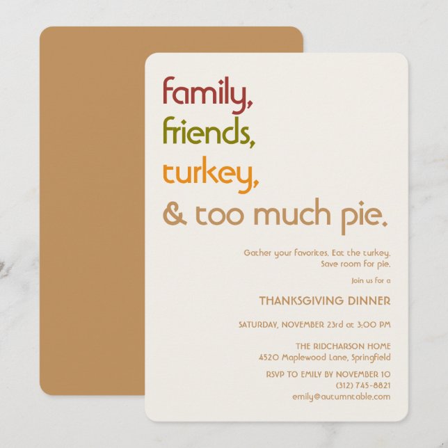 Family, Friends, Turkey, Pie Modern Thanksgiving Einladung (Vorne/Hinten)