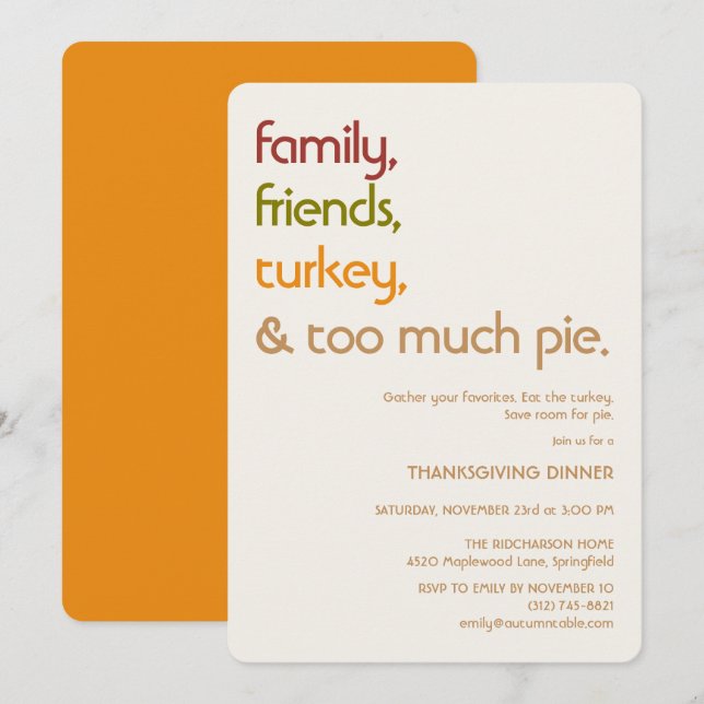 Family, Friends, Turkey, Pie Modern Thanksgiving Einladung (Vorne/Hinten)
