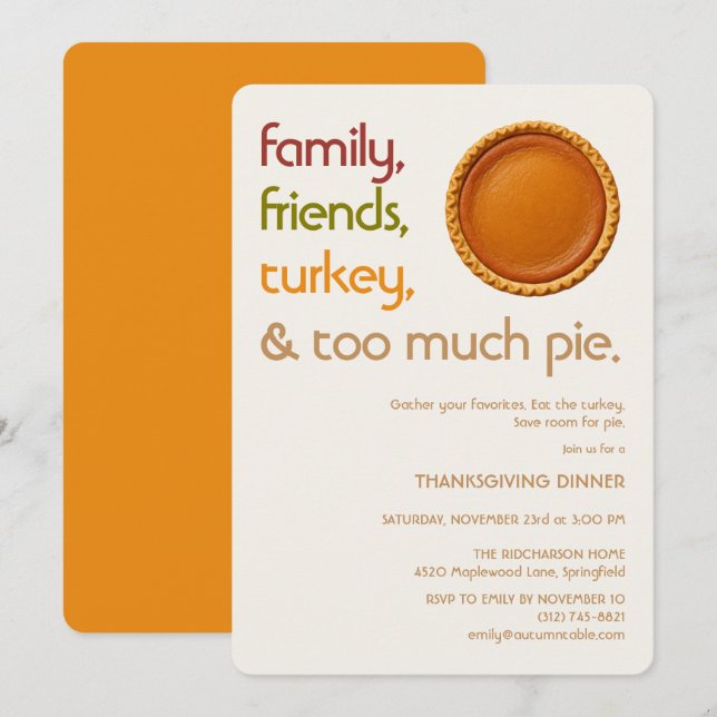 Family, Friends, Turkey, Pie Modern Thanksgiving Einladung (Vorne/Hinten)