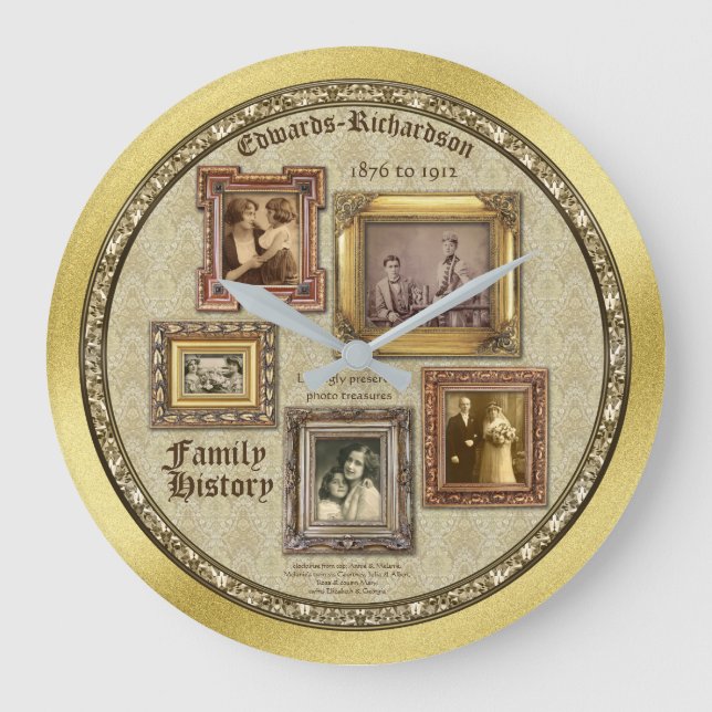 Family History Antique Photo Frames Gold Collage Große Wanduhr (Vorderseite)