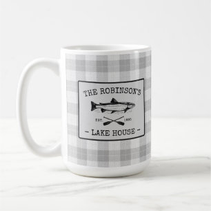 Family Lake House Oars Fish White Kariert Groß Kaffeetasse