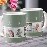 FAMILY Moderne Typografie und Custom 6 Foto Green Kaffeetasse<br><div class="desc">Personalisierter Schlamm mit dem Wort FAMILY, geschrieben in der modernen Typografie, über Ihren Fotos. Die Fotovorlage ist für Sie ein Set, um 6 Ihrer Lieblingsfotos hinzuzufügen, die in quadratischer Form in einer einfachen, Streifen-Stil, Foto-Collage angezeigt werden. Dieses elegante und stilvolle Sonderwerk hat eine ländliche Farbpalette von Salbei grün und natürlich...</div>