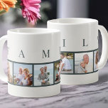 FAMILY Moderne Typografie und Custom 6 Foto Kaffeetasse<br><div class="desc">Personalisierter Schlamm mit dem Wort FAMILY, geschrieben in der modernen Typografie, über Ihren Fotos. Die Fotovorlage ist für Sie ein Set, um 6 Ihrer Lieblingsfotos hinzuzufügen, die in quadratischer Form in einer einfachen, Streifen-Stil, Foto-Collage angezeigt werden. Dieses elegante und stilvolle Sonderwerk verfügt über eine moderne Farbpalette aus Naturweiß und Schiefergrau....</div>