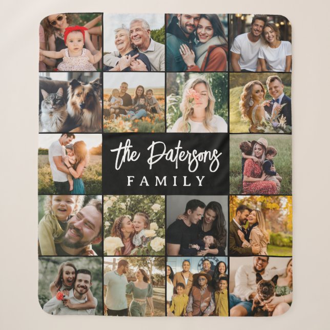 Family Name 18 Photo Collage Modern Elegant Black Sherpadecke (Vorderseite)