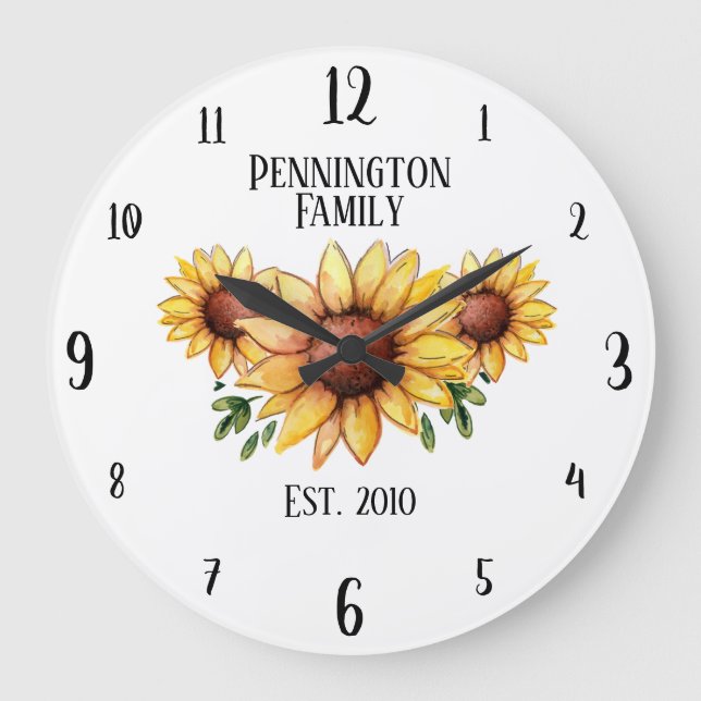 Family Name and Year Established Rustic Sunflowers Große Wanduhr (Vorderseite)