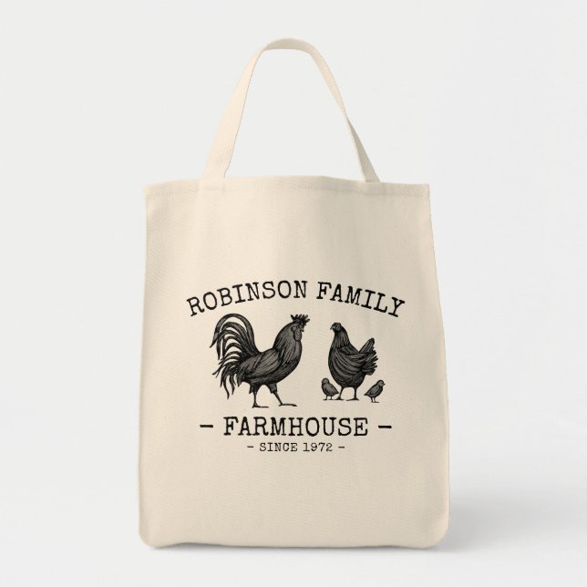 Family Name Farmhouse Hen Chicks Rooster Tragetasche (Vorne)
