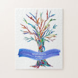 Family Name Modern Tree<br><div class="desc">This stylish jigsaw is decorated with a colorful Family Tree design as well as a blue watercolor brush stroke. Customize it with your family name and year of establishment. The tree was originally made in mosaic using tiny pices of colored glass. Original Mosaic © Michele Davies.</div>