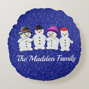 Family of Four Snowmen Blue Sparkle Winter Rundes Kissen