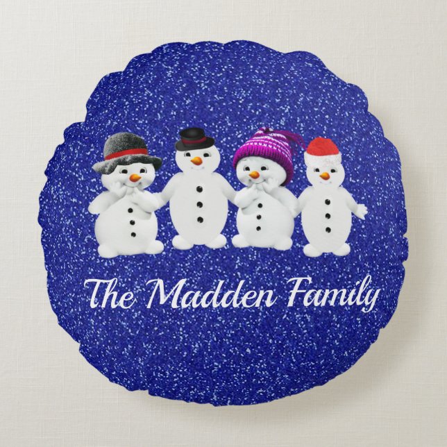 Family of Four Snowmen Blue Sparkle Winter Rundes Kissen (Vorderseite)