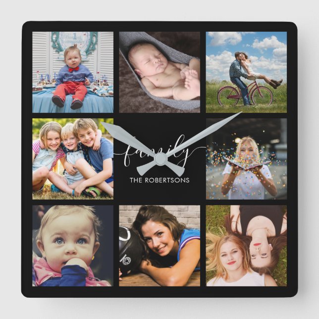 Family Photo Collage Black Custom Quadratische Wanduhr (Vorderseite)