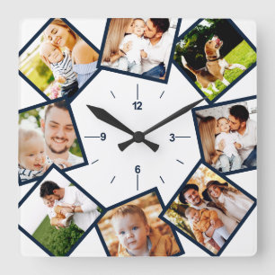 Family Photo Collage Chic Blue And White Quadratische Wanduhr