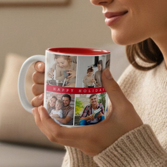 Family Photo Collage Happy Holidays Custom Red Zweifarbige Tasse (Red Two tone mug happy holidays family photo collage)