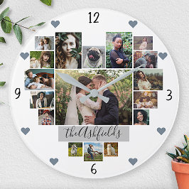 Family Photo Collage Hearts 17 Pictures Name White Große Wanduhr
