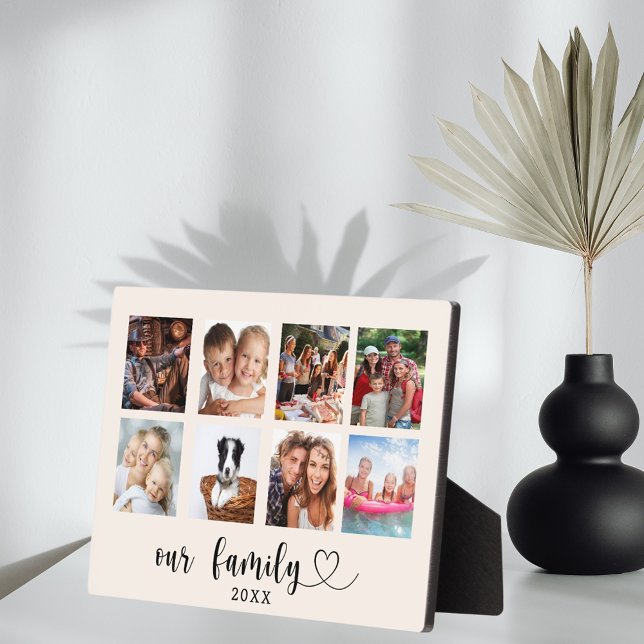 Family photo collage love heart script beige cream fotoplatte (Von Creator hochgeladen)