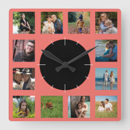 Family Photo Collage Monogram Quadratische Wanduhr