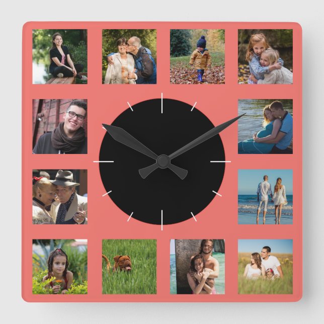 Family Photo Collage Monogram Quadratische Wanduhr (Vorderseite)